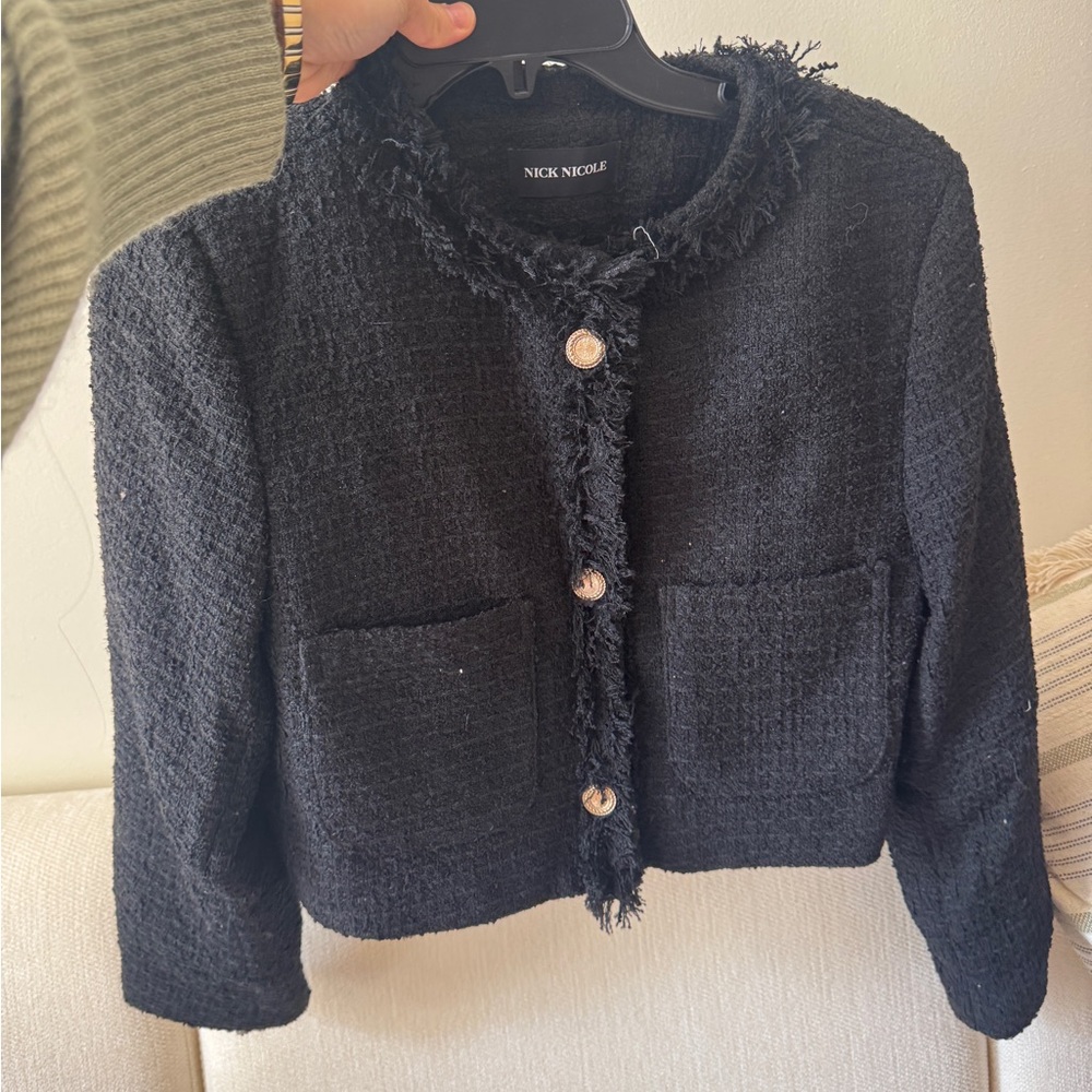 W Concept Black Tweed Jacket with Fringe Details